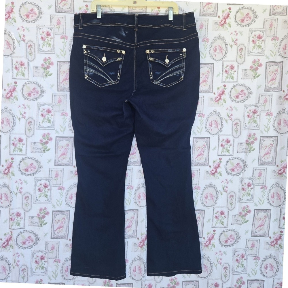 Dark Wash Denim Jeans Bootcut Flare Embellished Back Pockets Size 18 W